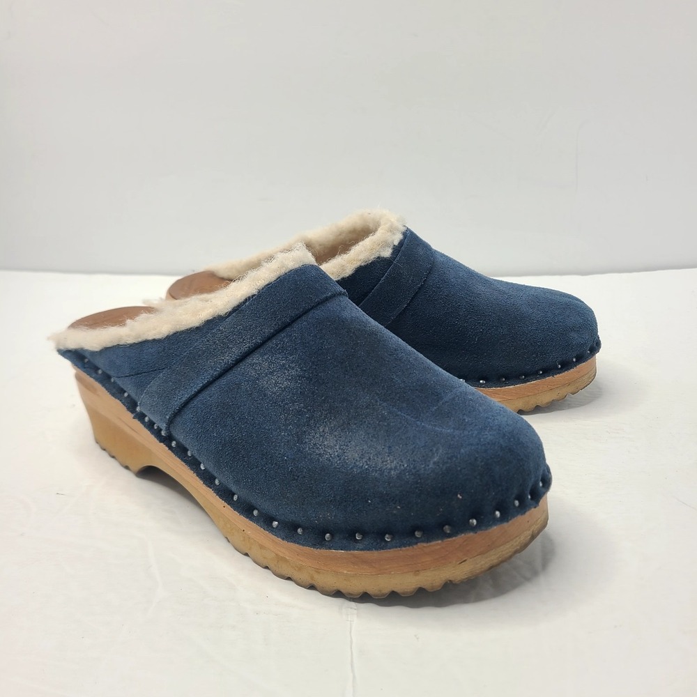 Swedish Clogs Troentorp Blue Suede Shearling Lined Scandi Girl Cabincore EU 36